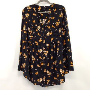 TORRID Blouse Women's Plus 2 Black Floral Button Front Pockets Long‎ Sleeve FLAW